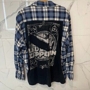 Led Zeppelin, Flannel, Blue, Black, White, Vintage, LARGE